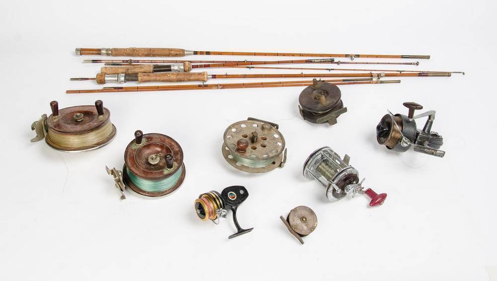 Range of vintage fishing rods (3) & reels (12) including split cane rods by  C.K.Butler. (
