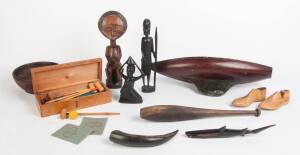 Tribal wood carvings, boot lasts, table croquet set, rolling ruler, pond yacht etc. 19+ items