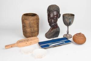 Tribal wooden bust, tribal baskets (2), Chinese silk embroideries (2), timber kitchen molds (2), ivory glove stretcher in case, agricultural trophy (silver plate), shells & Chinese bronze mirror. (11+ items)