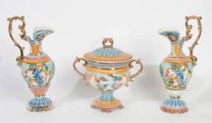 Italian porcelain lidded urn (30cm) & matching pair of ewers (39cm), mid 20th century. (3 items)