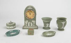 Wedgwood green jasper ware porcelain clock, vases (2), trinket boxes (4) & dishes (4). 11 items