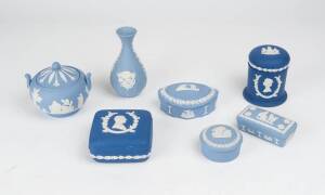 Wedgwood jasper ware group comprising comport, vase, milk jug, sugar basin, trinket boxes (5), candle holder, kangaroo plaque