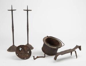 Pair of ancient candle sticks, ancestral bowl & horse totem, hand worked iron, Korean from Kuchang south Kyeng Sang province. Tallest 34cm