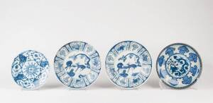 A pair of Ming style blue & white dishes painted with deer, 23cm diameter, & 2 other blue & white dishes, 22cm & 19cm diameter.