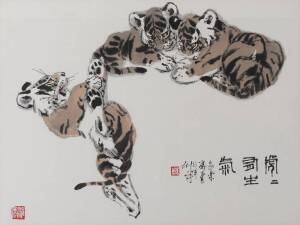 A framed Chinese ink and colour painting on paper&nbsp;depicting 3 tigers, 20th Century, 86 x 66cm.&nbsp;