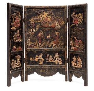 Chinese inlaid hardstone, lacquer and bone threefold table screen.&nbsp;50cm high, 55.5cm wide, 1.5cm deep