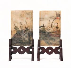 Pair of small Chinese painted marble table screens in timber stands, Qing dynasty. Screens 14 x 9 cm each.