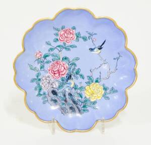 Canton enamel dish showing birds & peonies on blue ground, early 20th Century. Diameter 16cm.
