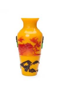 Chinese glass vase, enamel glass decorated with auspicious themes in brown, green & red colours in high relief, 20th Century. 27cm