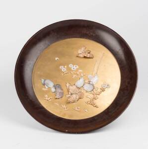 Japanese plate decorated with mother of pearl & ivory on a gold lacquer ground, 19th Century.&nbsp;35cm diameter