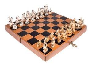 Chinese ivory chess set in fitted silk lined games box. Mid 20th Century