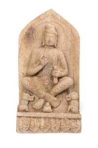 Marble Seated Bhudda Sculpture nicely carved in a Longmen style with left hand holding a sutra and right hand in "Fear Not" mudra, 20th Century. 60.5cm