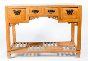 Chinese 4 drawer timber hall table with brass butterfly handles. Height 84cm, width 115cm, depth 59cm