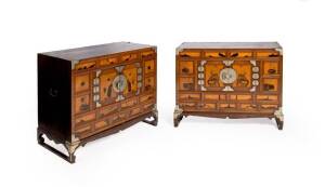 Pair of Korean side cabinets on stands, early to mid 20th century. Height 75cm, width 90cm, depth 42cm each.
