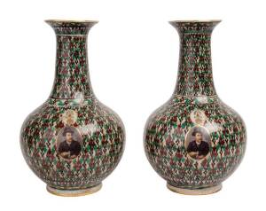 A very unusual pair of Thai portrait vases, 20th Century,&nbsp;each one with a medallion of King Rama V (1868-1910)&nbsp;reserved against an enamel Bencharong style background. Gilt mark on the base is Chulalongkorn (King Rama V).&nbsp;31cm high