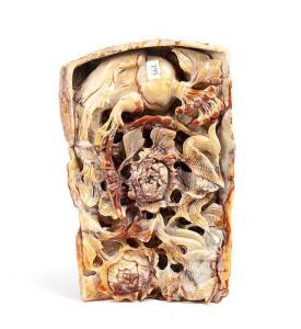 Soapstone carving depicting birds and peony, 20th century, 24 x 36cm