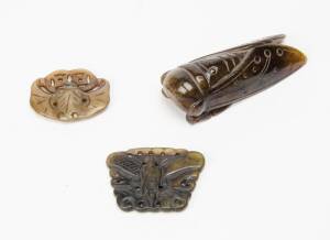 Chinese jade cicada & 2 carved jade ornaments. Largest 10cm. (3 items)