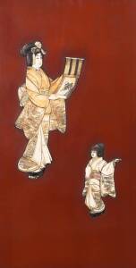 Pair of Meiji period shibayama & red lacquered panels with Geisha scenes. 47 x 90cm each