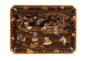 Japanese shibayama lacquered tray, Meiji period. 76 x 56cm