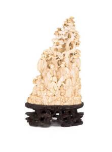 Chinese carved ivory figure group statue of scholars on carved timber stand, 19th Century. Ivory 17cm