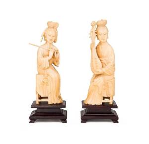 Chinese pair of carved ivory figures of musicians, late 19th early 20th Century. Ivory height approximately 20cm each
