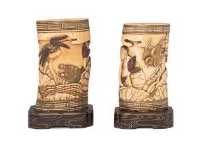 Japanese pair of carved ivory vases on decorated timber stands, Meiji period. Approximately 13cm each