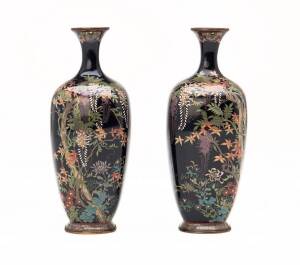 A fine pair of Japanese cloisonne vases with gold seal mark to base on carved timber stands, Meiji period. Vases 12.5cm