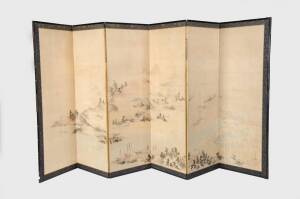 Chinese hand painted 6 fold screen, early 20th Century. 173cm high, 372cm wide