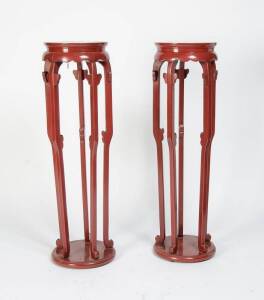 Pair of Japanese red finished pedestals, 20th Century. 109cm high, 30cm diameter&nbsp;