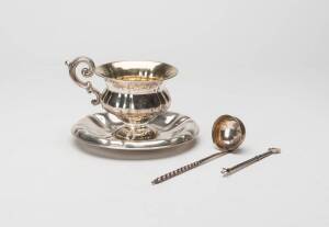 George III sterling silver toddy ladle, a Chinese silver swizzle stick and a silver cup and saucer. The ladle by Elizabeth Morley, London 1804; the stick by Shuion, Hong Kong (3).