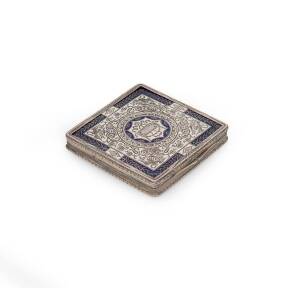 Antique European silver and enamel square box decorated with swans and scrolls in blue and cream enamel, 8 x 8 cm.&nbsp;