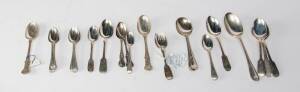 Group of English & Scottish sterling silver spoons & pair of serving forks, 19th century. 25 pieces. 800+ grams.
