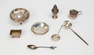 Group of sterling silver items including dishes (2), pepper pot, condiments (2), toddy ladle, sifting spoon & teaspoon. 8 items. 240+ grams.