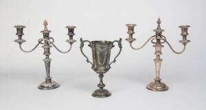 Pair of silver plated three branch candelabra & trophy cup. 3 items.