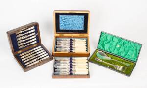 Two sets of fruit cutlery in walnut boxes & boxes silver plated servers.&nbsp;