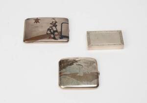 Two Japanese silver and niello cigarette cases and English sterling silver snuff box. (3 items)