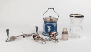 A collection of silver and silver plate items comprising a jasperware biscuit barrel, 16cm high; a silver mounted cut glass vase, Sheffield 1900, 18cm high; a cut glass perfume bottle, London 1910; a twin tulip centerpiece & two novelty napkin rings. (6 i