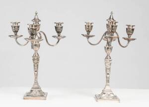 A pair of Elkington & Co. silver plate three-branch candelabra, in the Sheraton style, circa 1880 49cm high