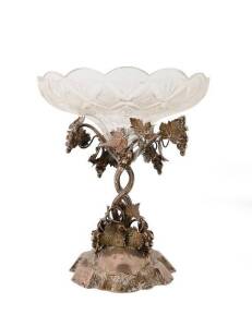 Victorian sterling silver centrepiece with grape motif & cut crystal bowl (repaired), London circa 1867. 27cm high, 24cm wide.