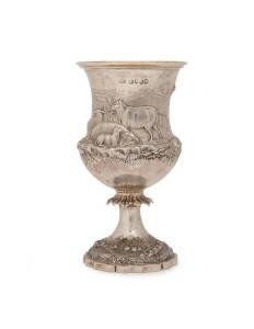 An impressive mid Victorian sterling silver cup with repousse country scene depicting sheep & cottages amongst a woodland farm backdrop. Repousse most likely the work of William Edwards of Melbourne. Originally smithed in London circa 1859 by William Summ