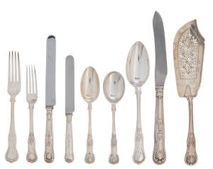 A composite collection of Victorian sterling silver and silver plate Kings pattern cutlery, various dates & makers comprising 14 large forks, 14 entree forks, 14 large knives, 14 entree knives, 10 dessert spoons, 8 soup spoons, 6 large serving spoons, 2 l