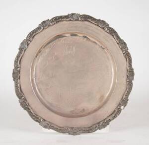 Engraved silver tray with diplomatic signatures presented to Lloyd Douglas Thomson, Australian Ambassador to the Hague & Denmark. Accompanied by 7 framed photographs of Thomson with dignitaries & the Pope.