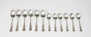 Scottish sterling silver Queen's pattern table & soup spoons, six of each. Mid 19th century.
