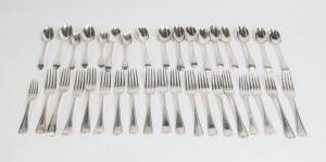 Sterling silver antique thread patterned cutlery comprising dinner forks (30), entree forks (15), spoons (21), teaspoons (15). 81 pieces, Georgian & Victorian, various makers.