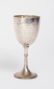 Sterling silver trophy cup. Engraved "Monthly Challenge Cup, 1879, Presented by Captain Testarey, for Competition to No. 10 Company Robin Hood Rifles won by Pte W. MILLER". 16cm.
