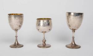 Three Victorian sterling silver goblets, one presented as a trophy "Merton House School Presented by Mr G.B. Stevenson..."&nbsp;
