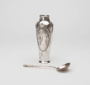 A Russian silver vase & spoon. Vase with panels of romantic figures, Moscow 1908/17, 17cm high; Spoon by Mattryera Andreyevna, Moscow, 1894/1904