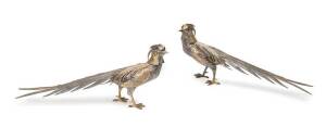 Pair of Continental silver pheasants with remains of gilt finish, most likely French late 19th Century. Length 39cm each. 700+ grams