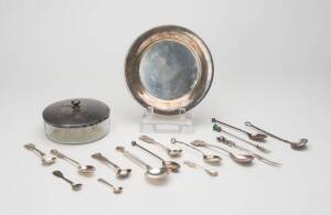 GEORG JENSEN Danish silver spoon, assorted silver & plated spoons, fork & dish. (16 items)