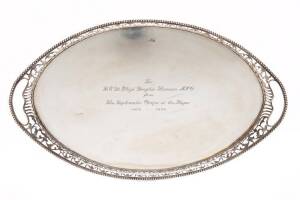 Dutch silver tray engraved "to H.E. Dr Lloyd Douglas Thomson M.V.O. from The Diplomatic Corps at the Hague 1970-1974". 1000+ grams